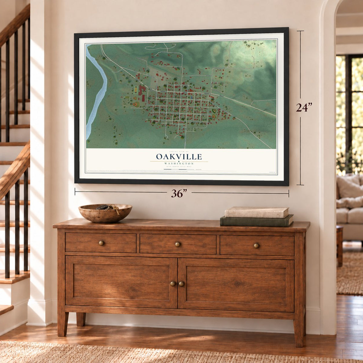 Oakville, Washington map, 24 x 36 inch print in a black frame above a dresser by a staircase