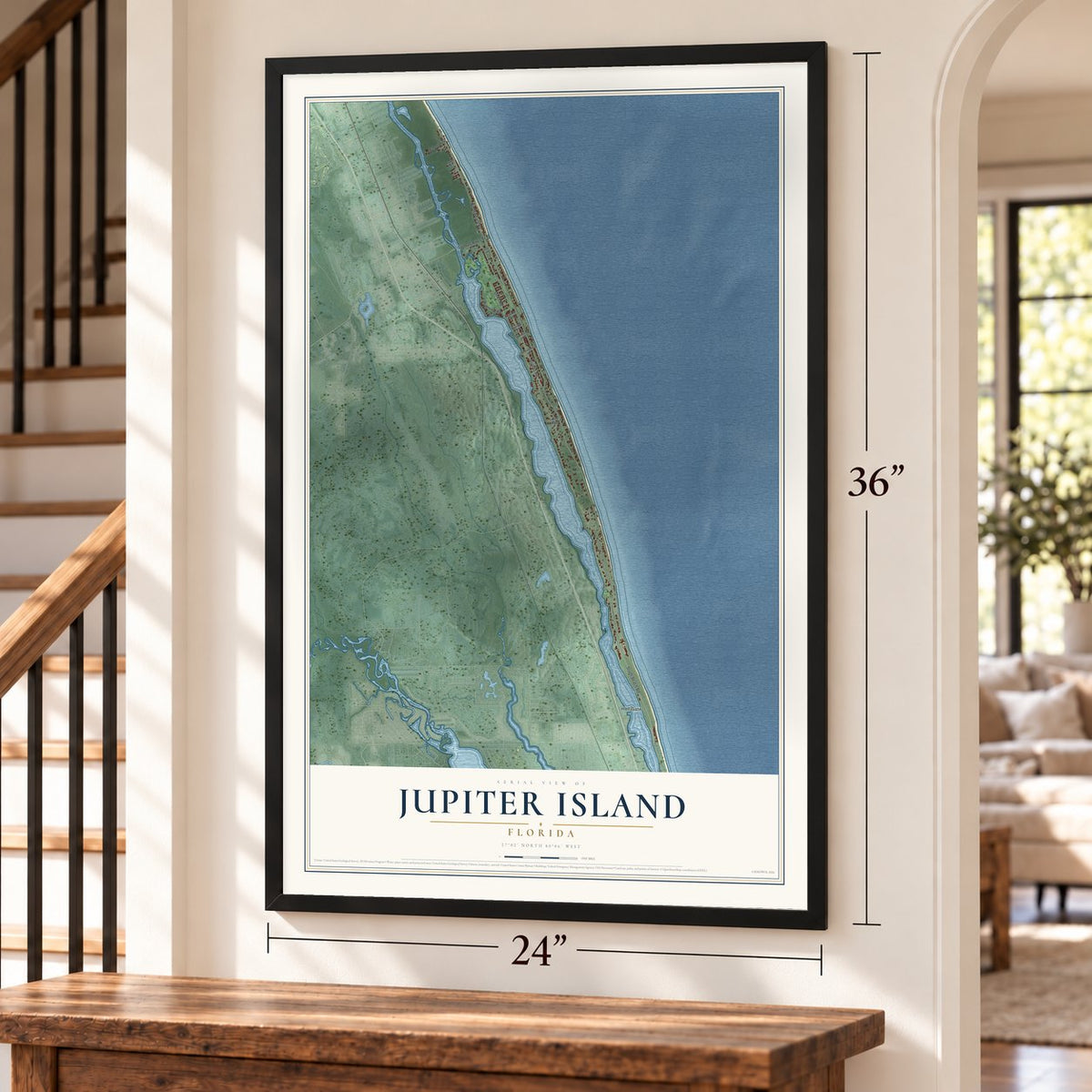 Jupiter Island, Florida map, 24 x 36 inch print in a black frame by a staircase