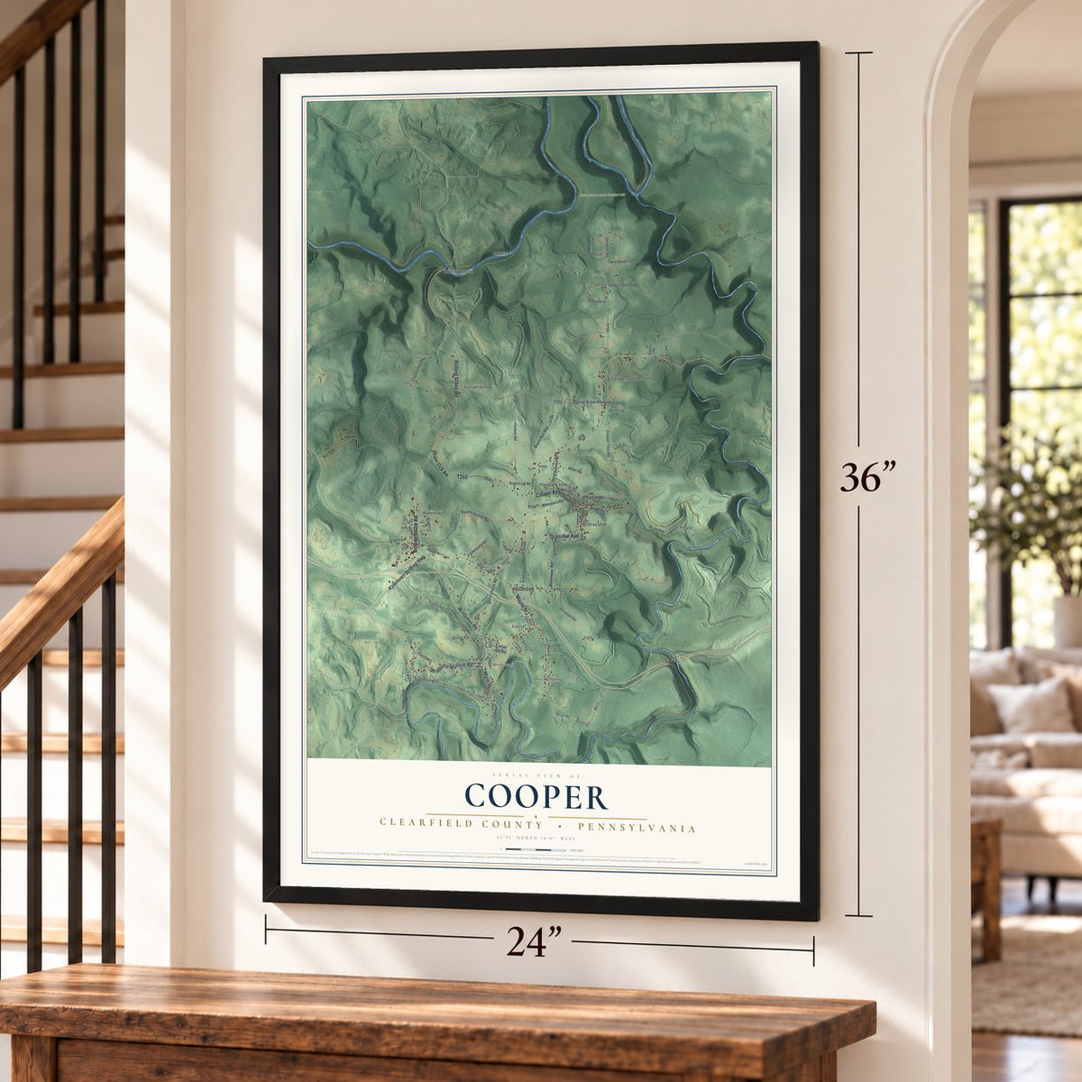 Cooper, Clearfield County, Pennsylvania map, 24 x 36 inch print in a black frame by a staircase