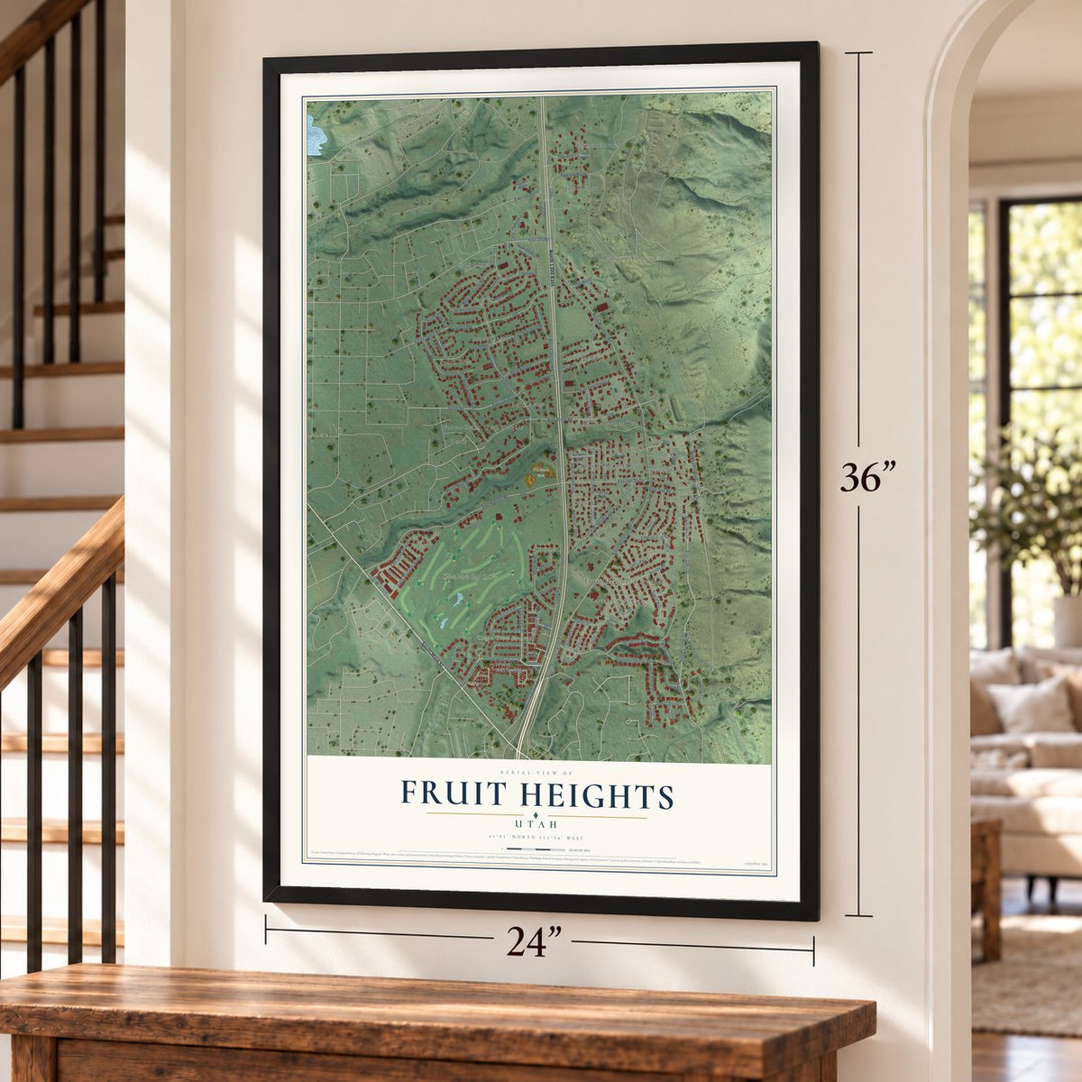 Fruit Heights, Utah map, 24 x 36 inch print in a black frame by a staircase