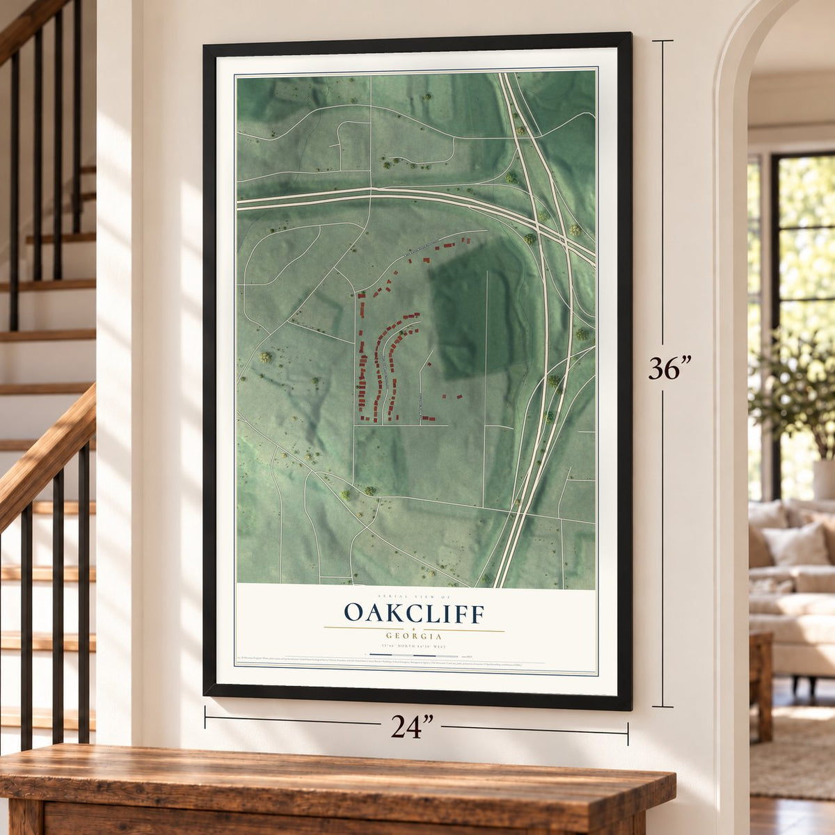 Oakcliff, Georgia map, 24 x 36 inch print in a black frame by a staircase