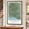East Patchogue, New York map, 24 x 36 inch print in a black frame by a staircase