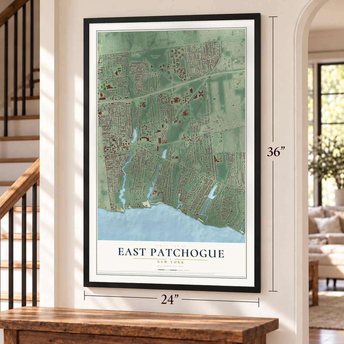 East Patchogue, New York map, 24 x 36 inch print in a black frame by a staircase