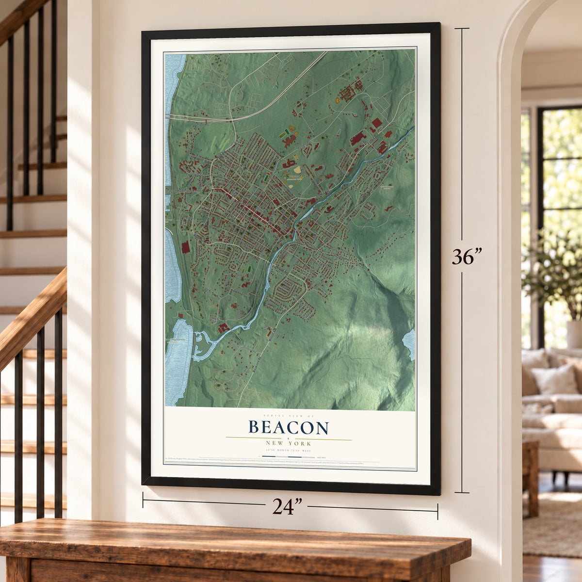 Beacon, New York map, 24 x 36 inch print in a black frame by a staircase