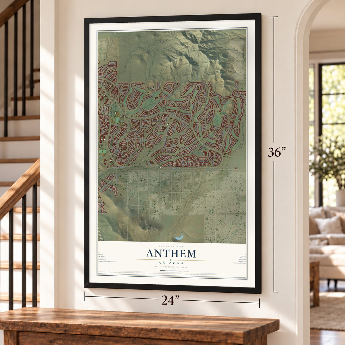 Anthem, Arizona map, 24 x 36 inch print in a black frame by a staircase