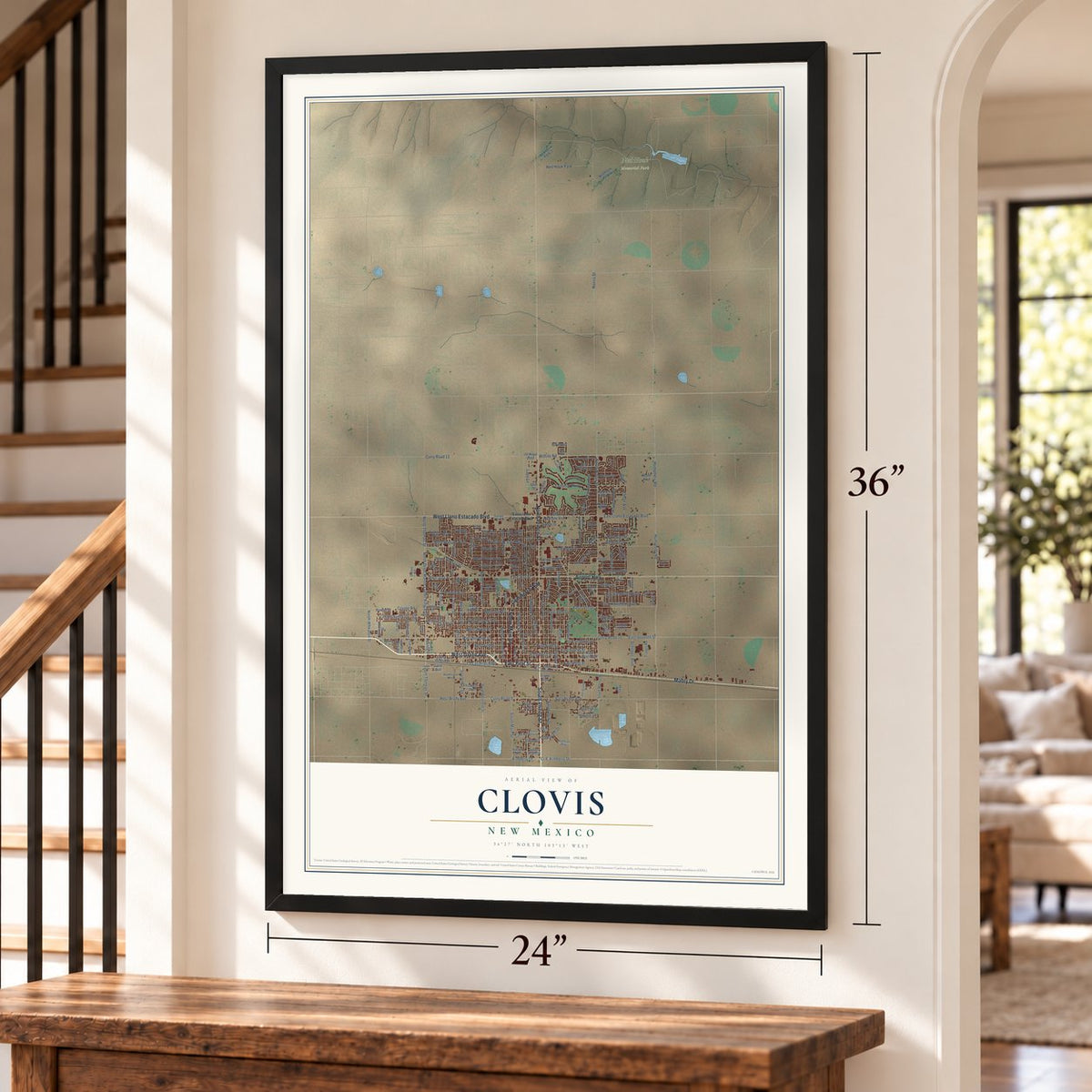 Clovis, New Mexico map, 24 x 36 inch print in a black frame by a staircase