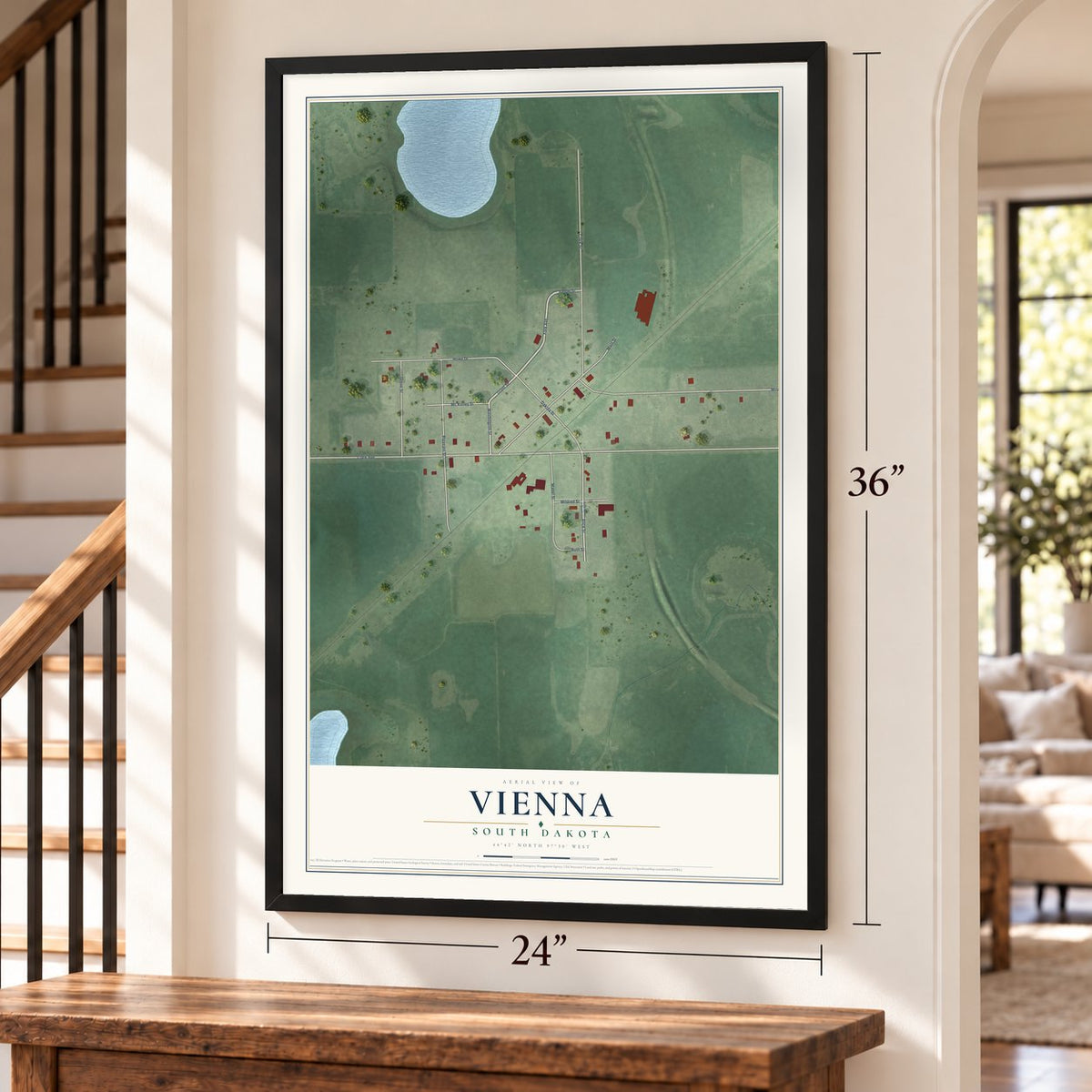 Vienna, South Dakota map, 24 x 36 inch print in a black frame by a staircase