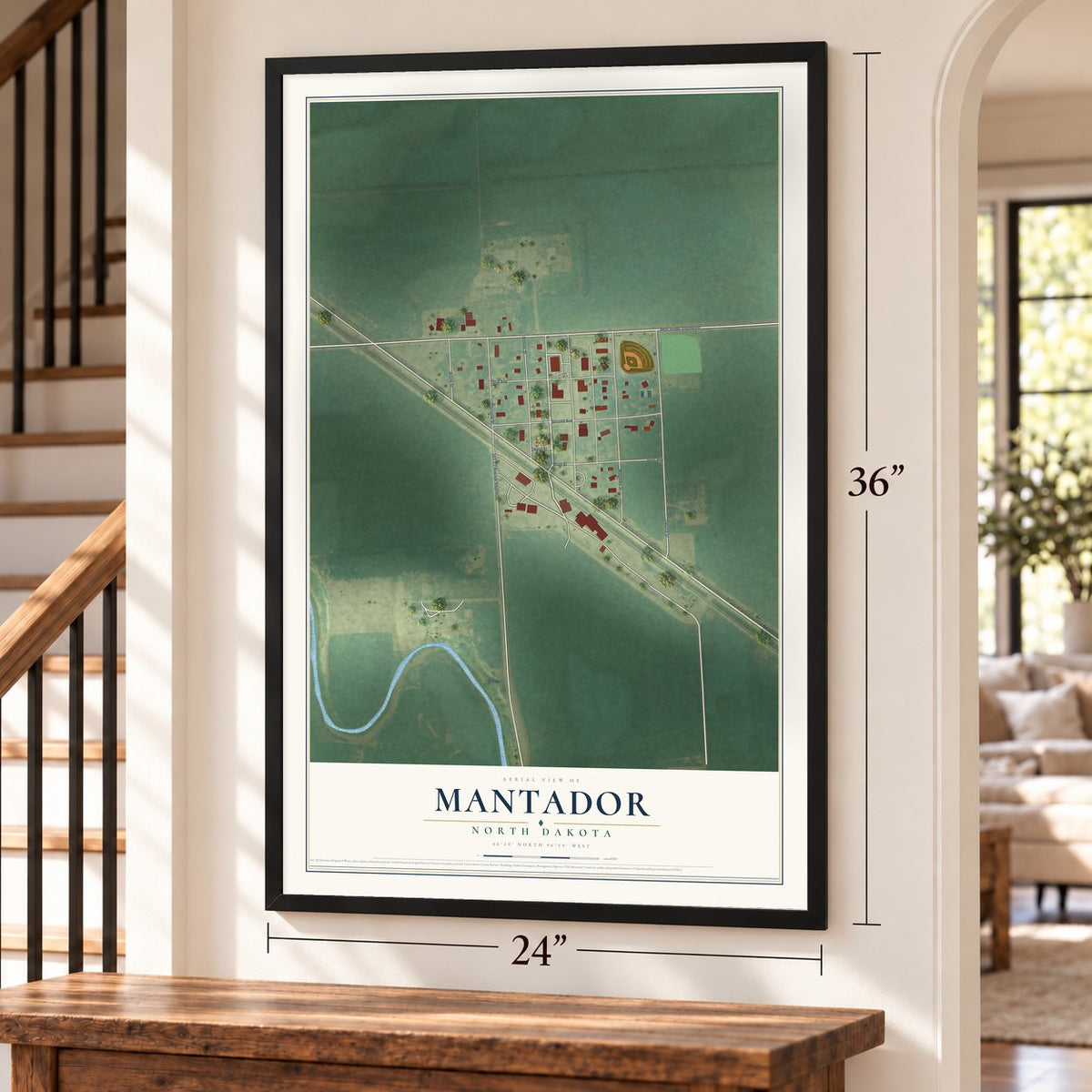 Mantador, North Dakota map, 24 x 36 inch print in a black frame by a staircase