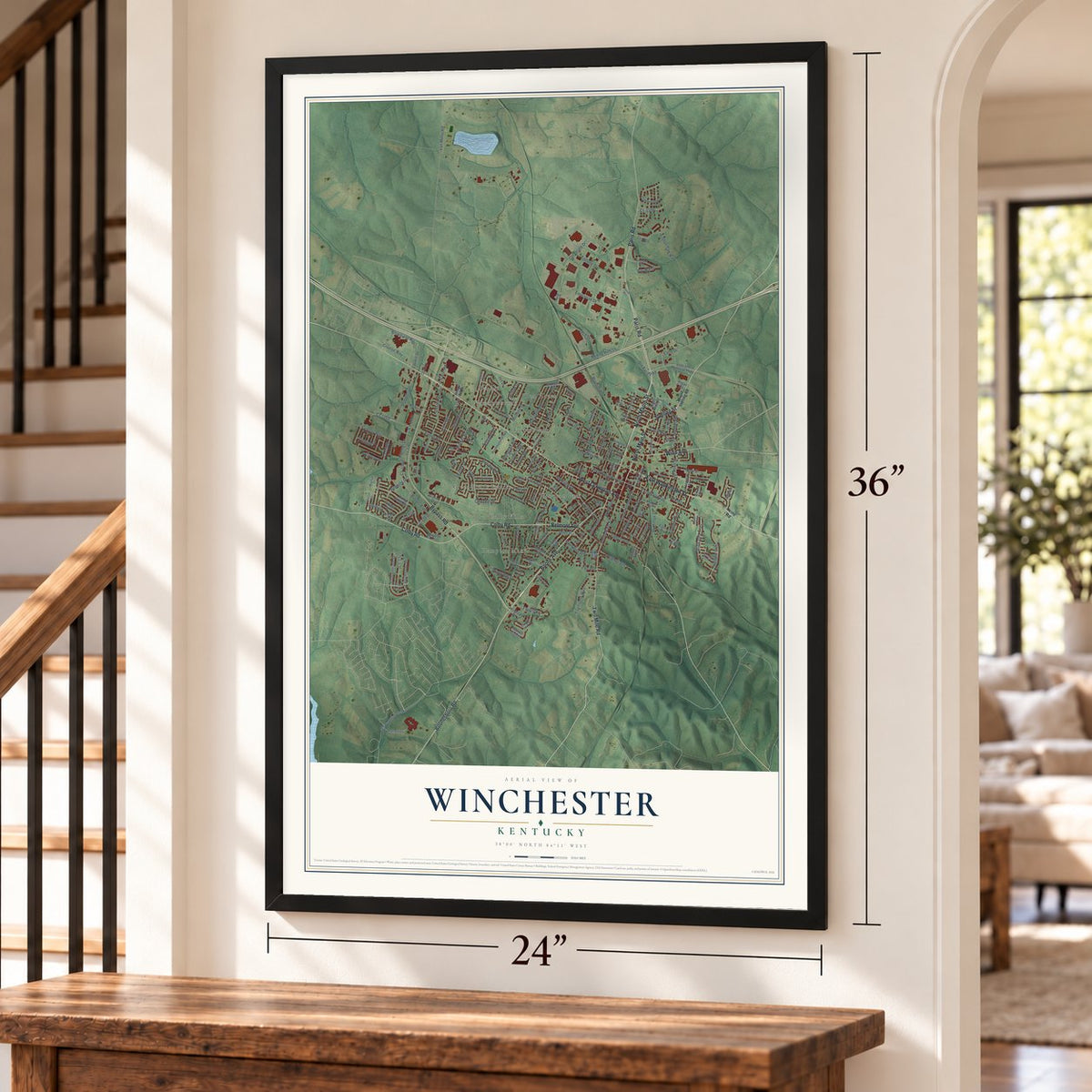 Winchester, Kentucky map, 24 x 36 inch print in a black frame by a staircase