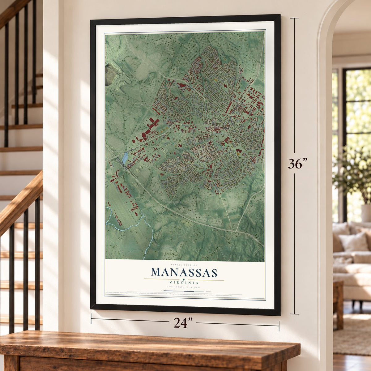 Manassas, Virginia map, 24 x 36 inch print in a black frame by a staircase