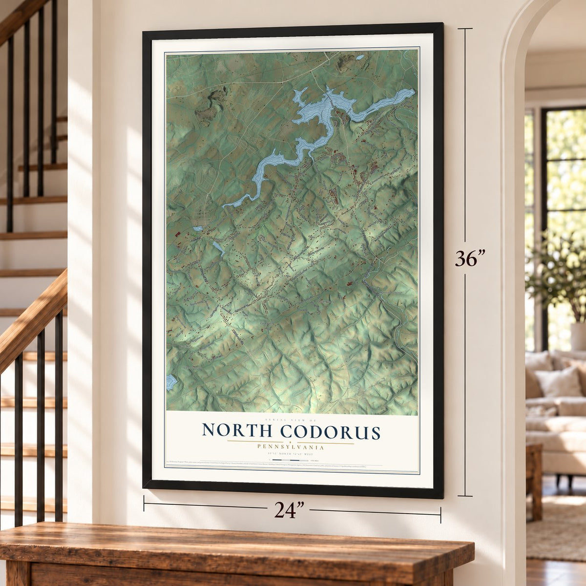 North Codorus, Pennsylvania map, 24 x 36 inch print in a black frame by a staircase