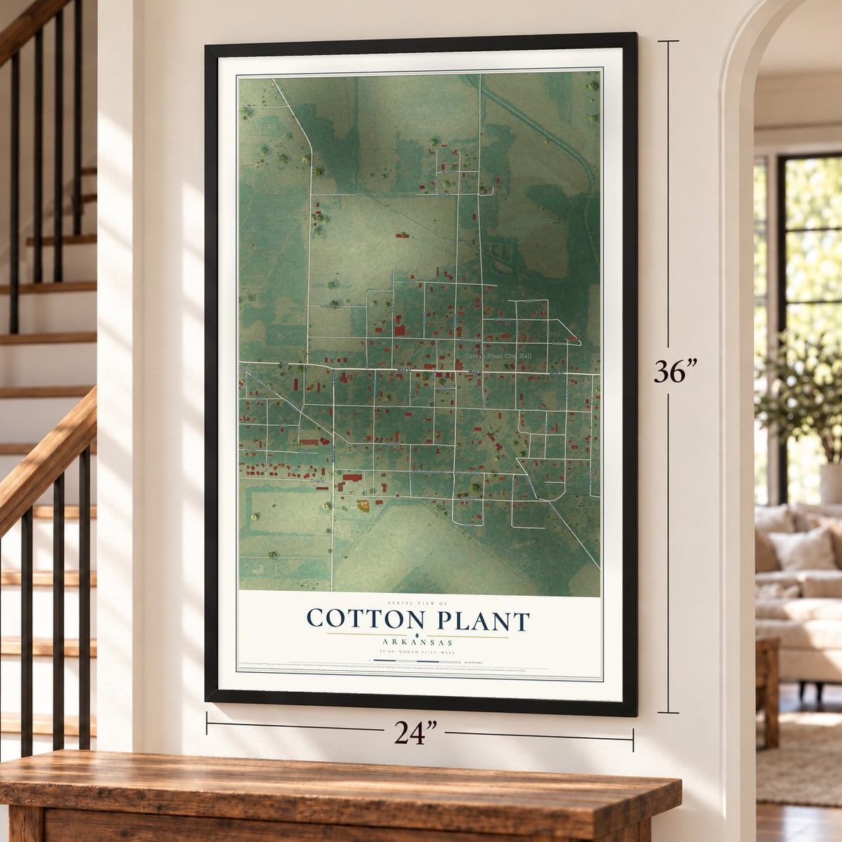 Cotton Plant, Arkansas map, 24 x 36 inch print in a black frame by a staircase