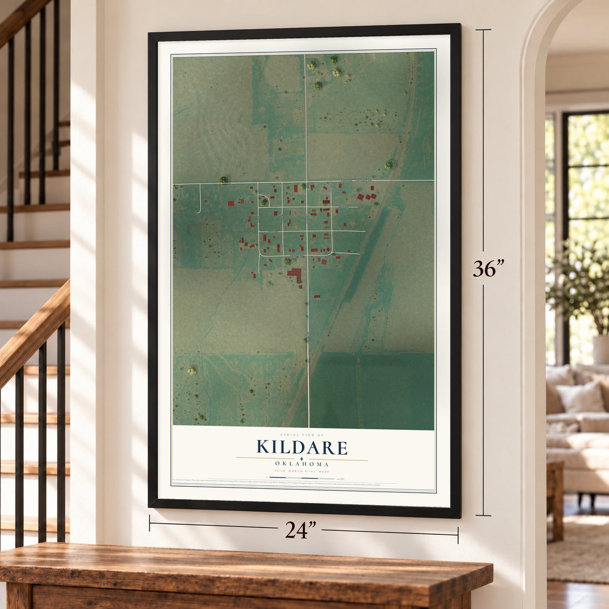 Kildare, Oklahoma map, 24 x 36 inch print in a black frame by a staircase