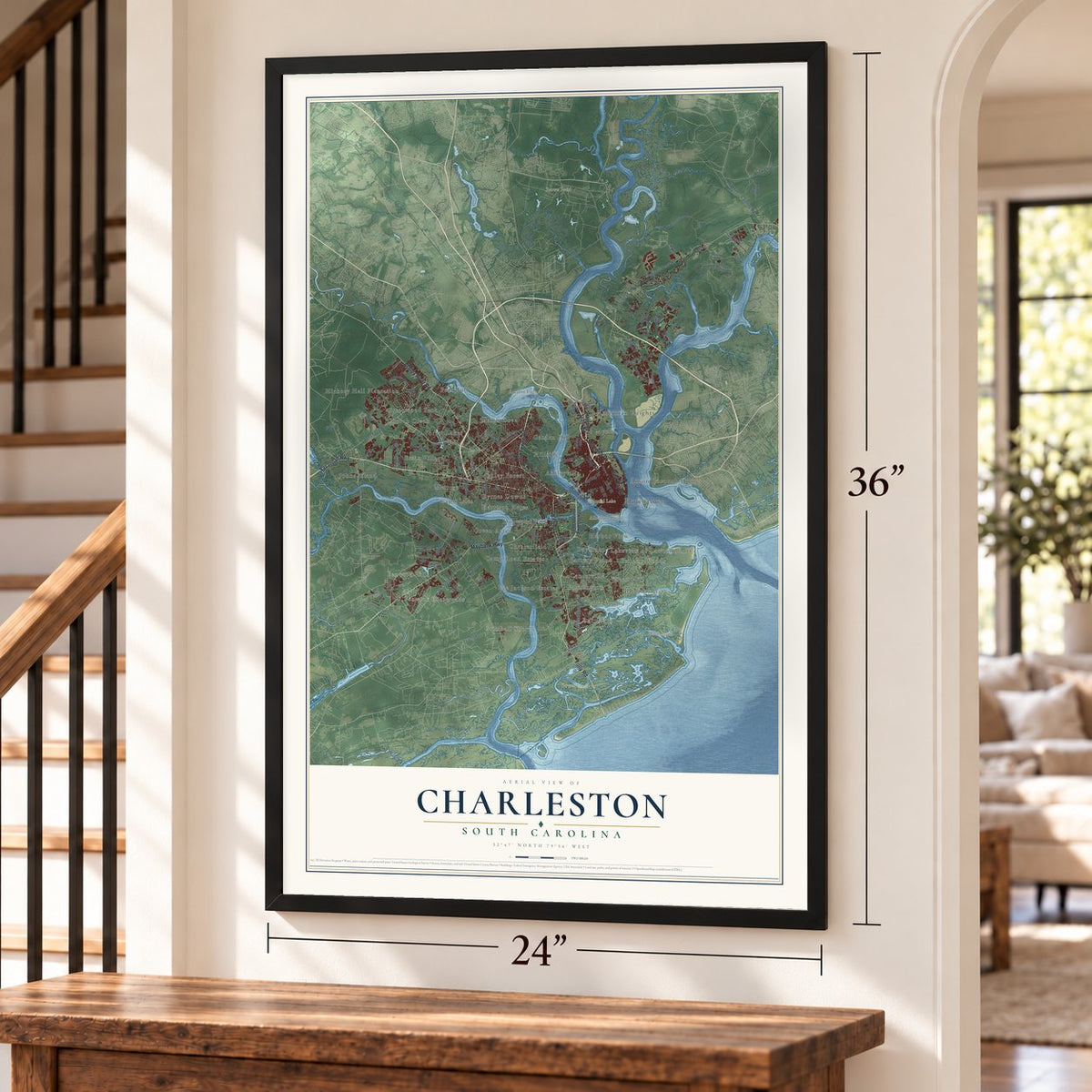 Charleston, South Carolina map, 24 x 36 inch print in a black frame by a staircase