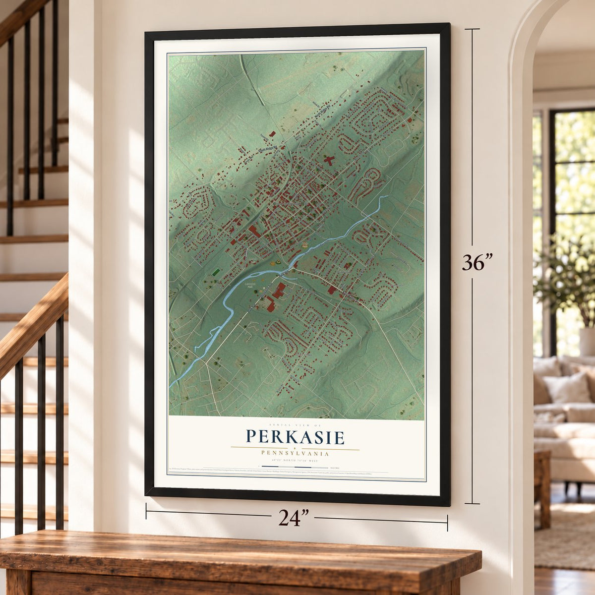 Perkasie, Pennsylvania map, 24 x 36 inch print in a black frame by a staircase