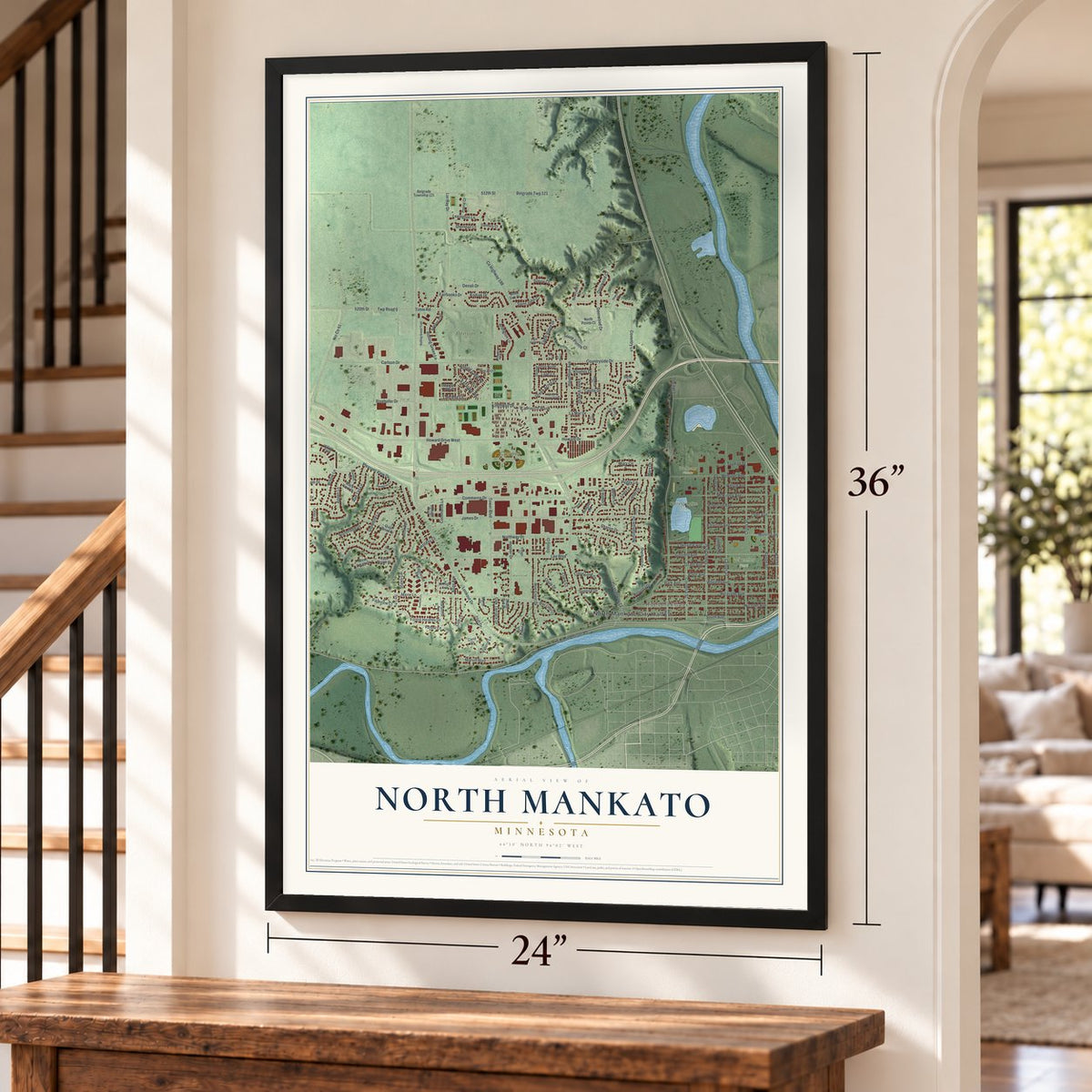 North Mankato, Minnesota map, 24 x 36 inch print in a black frame by a staircase
