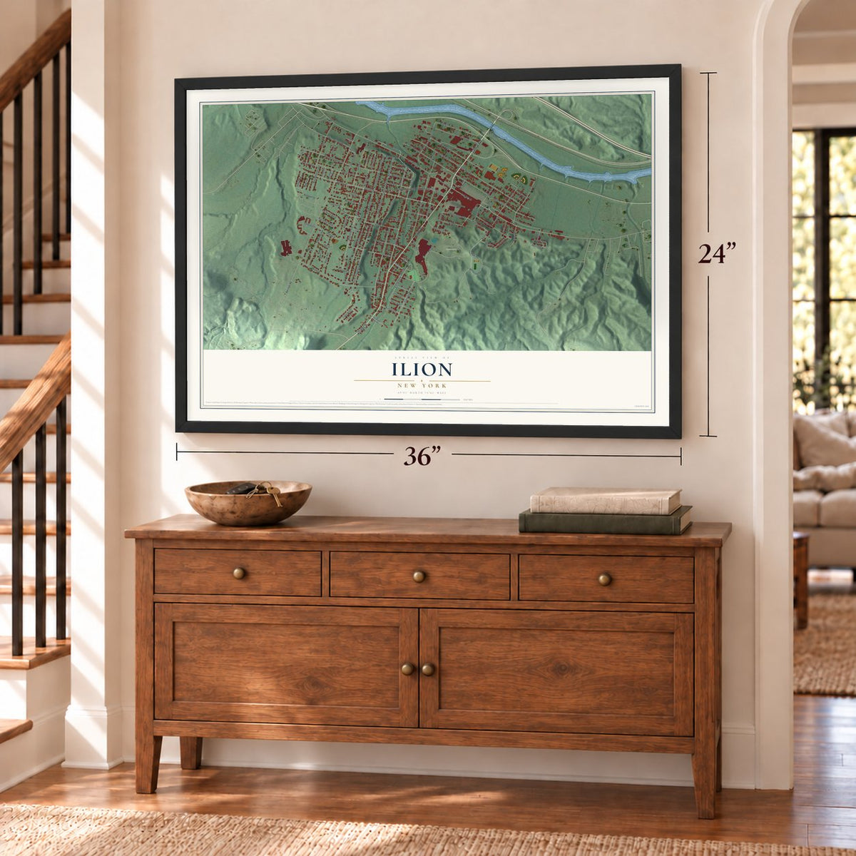 Ilion, New York map, 24 x 36 inch print in a black frame above a dresser by a staircase