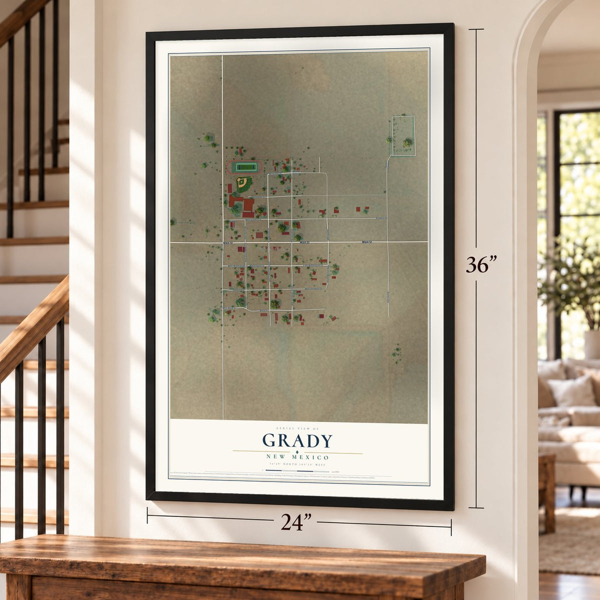 Grady, New Mexico map, 24 x 36 inch print in a black frame by a staircase
