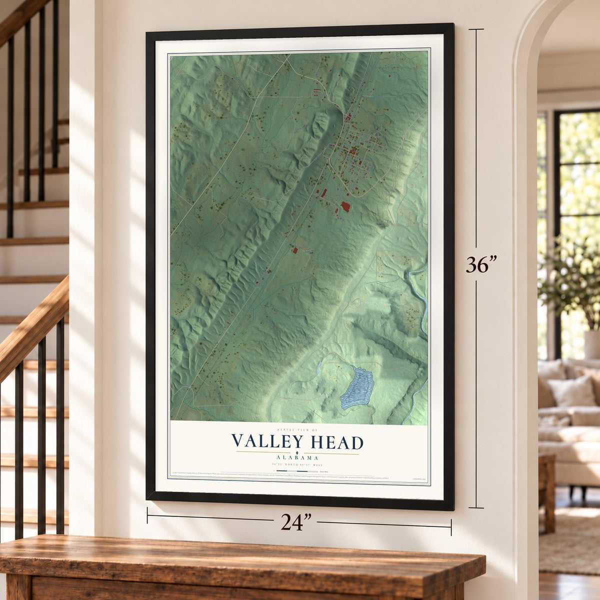 Valley Head, Alabama map, 24 x 36 inch print in a black frame by a staircase