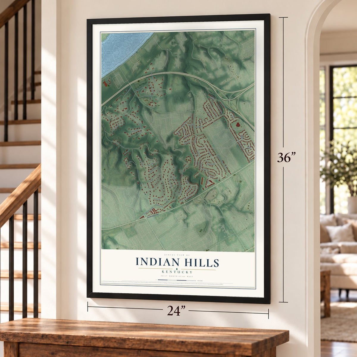 Indian Hills, Kentucky map, 24 x 36 inch print in a black frame by a staircase