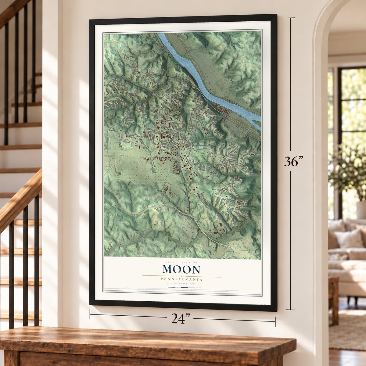 Moon, Pennsylvania map, 24 x 36 inch print in a black frame by a staircase
