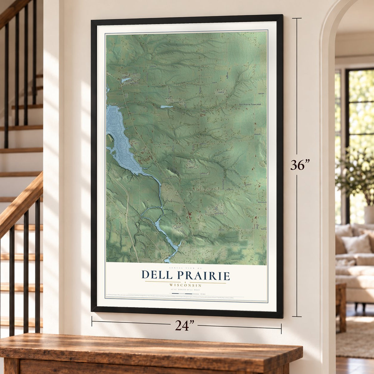 Dell Prairie, Wisconsin map, 24 x 36 inch print in a black frame by a staircase