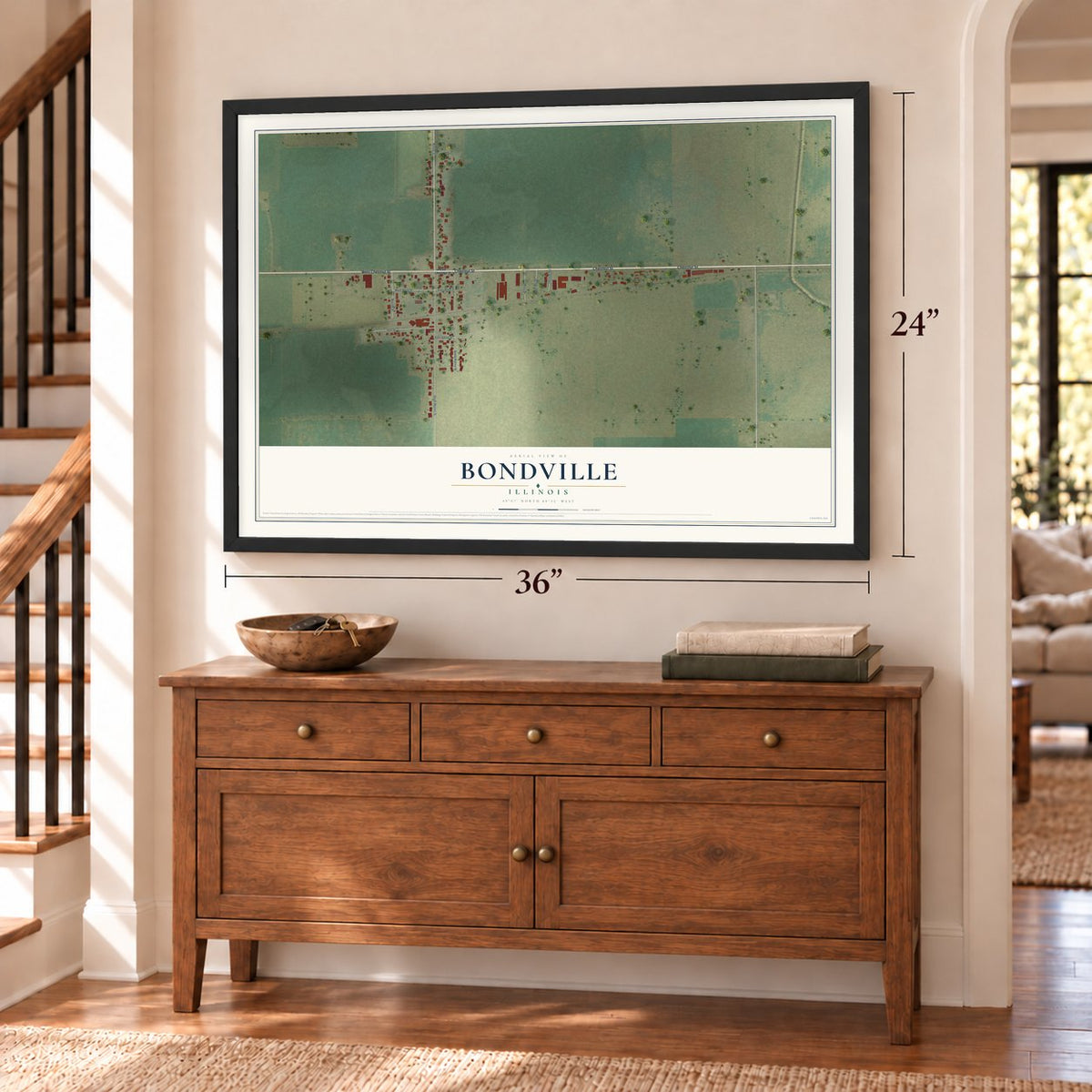 Bondville, Illinois map, 24 x 36 inch print in a black frame above a dresser by a staircase