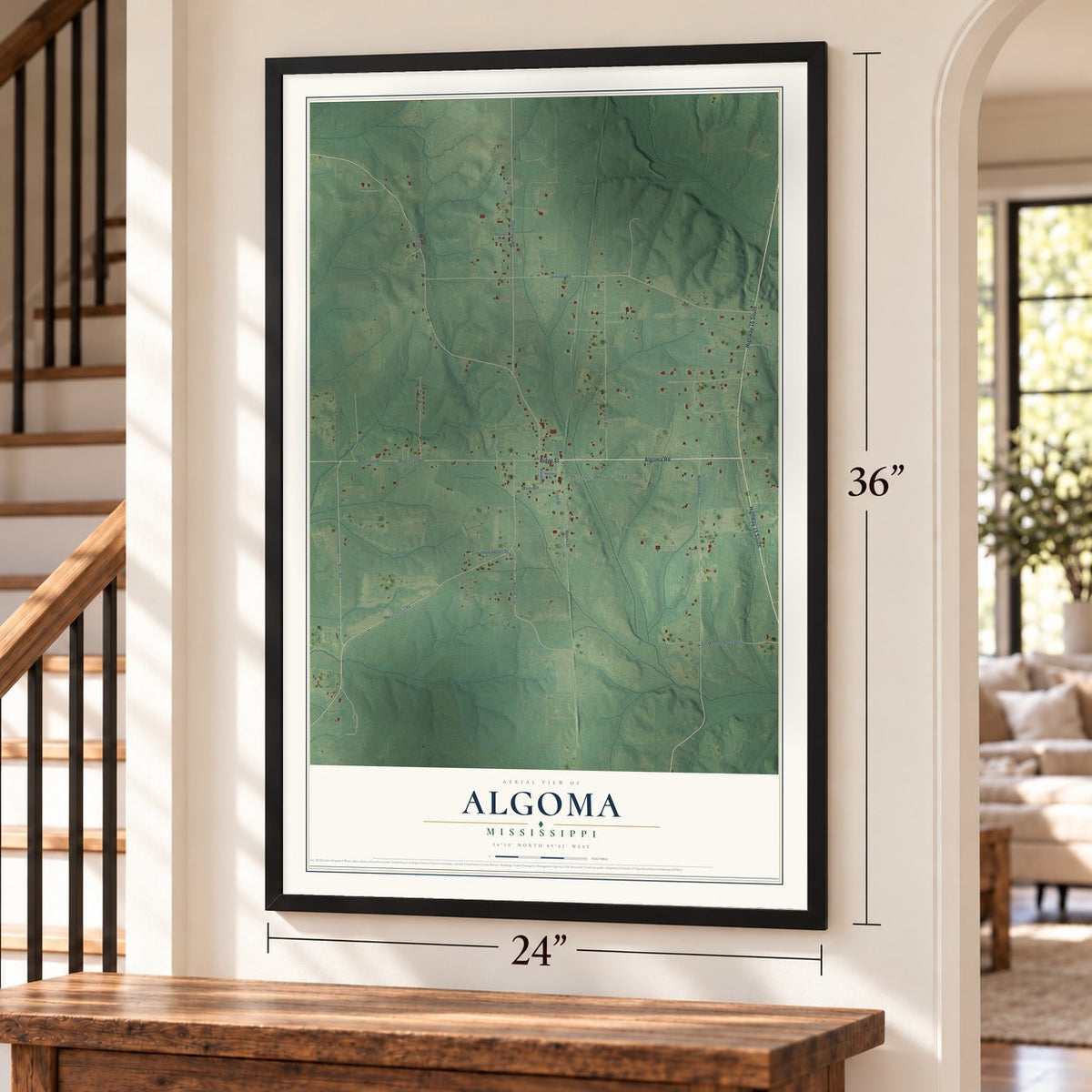 Algoma, Mississippi map, 24 x 36 inch print in a black frame by a staircase