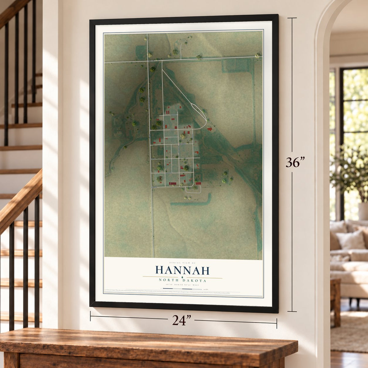 Hannah, North Dakota map, 24 x 36 inch print in a black frame by a staircase