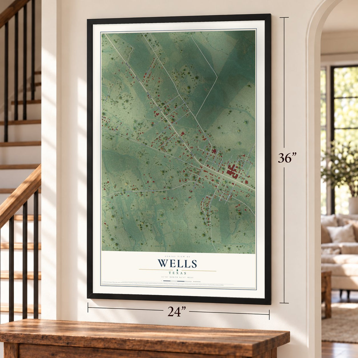 Wells, Texas map, 24 x 36 inch print in a black frame by a staircase