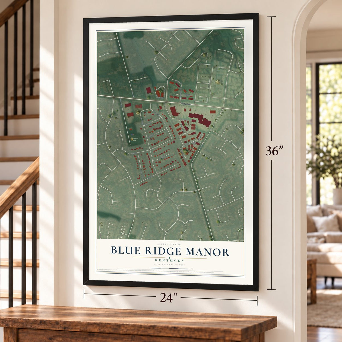 Blue Ridge Manor, Kentucky map, 24 x 36 inch print in a black frame by a staircase