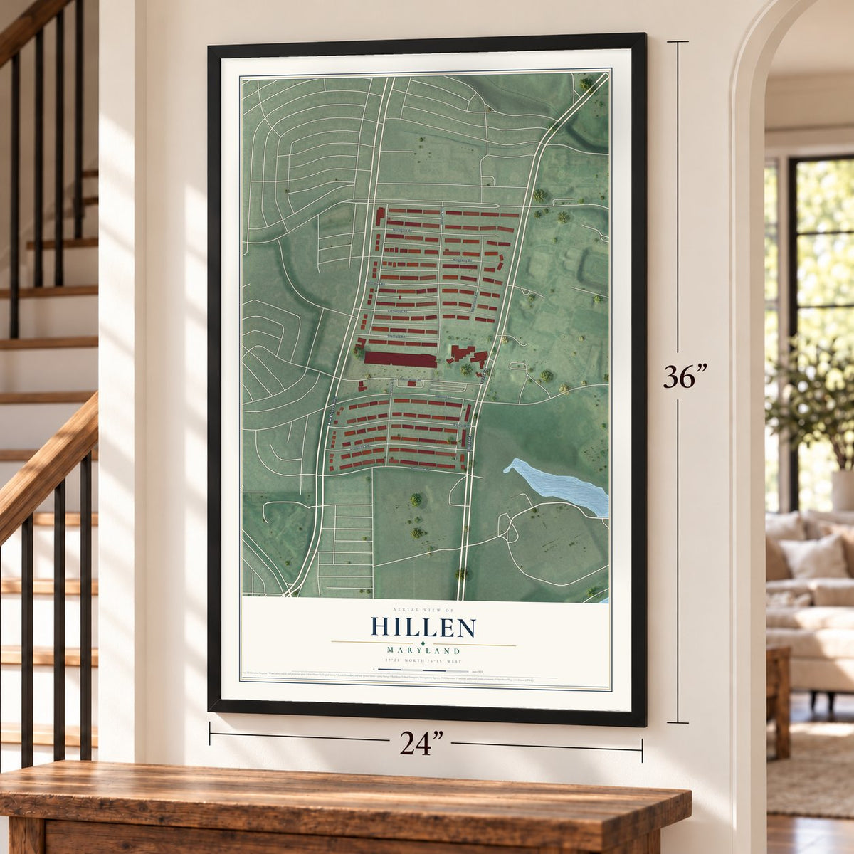 Hillen, Maryland map, 24 x 36 inch print in a black frame by a staircase