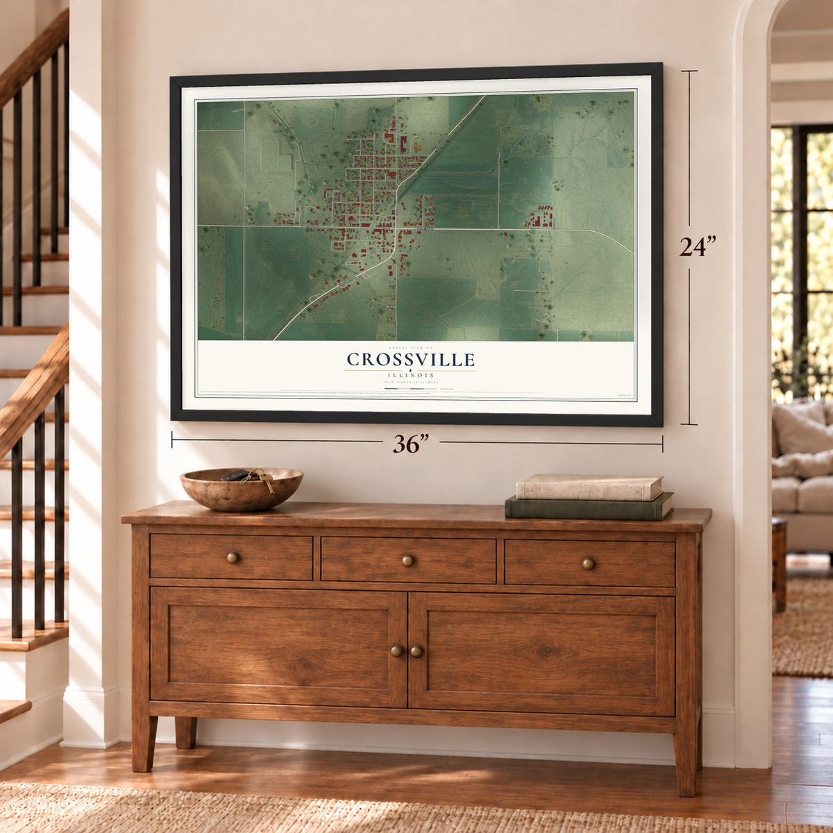 Crossville, Illinois map, 24 x 36 inch print in a black frame above a dresser by a staircase