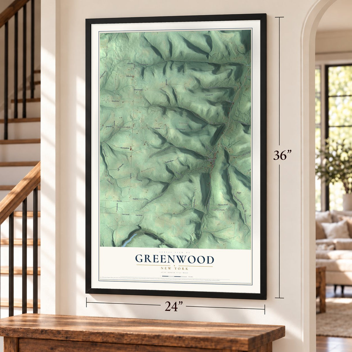 Greenwood, New York map, 24 x 36 inch print in a black frame by a staircase
