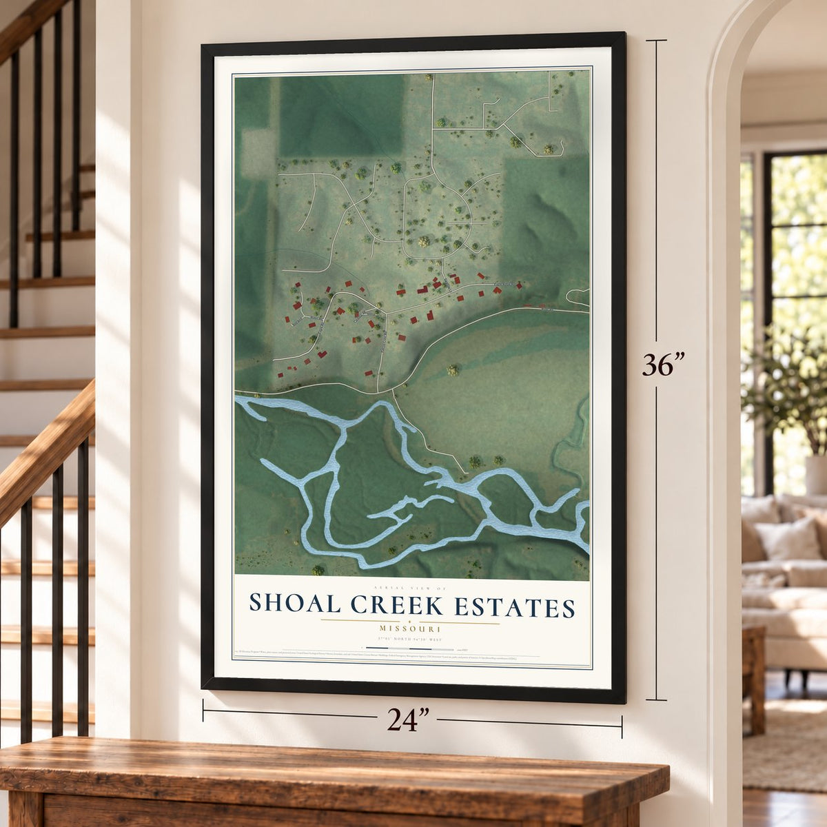 Shoal Creek Estates, Missouri map, 24 x 36 inch print in a black frame by a staircase