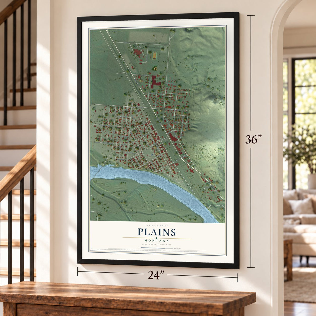 Plains, Montana map, 24 x 36 inch print in a black frame by a staircase
