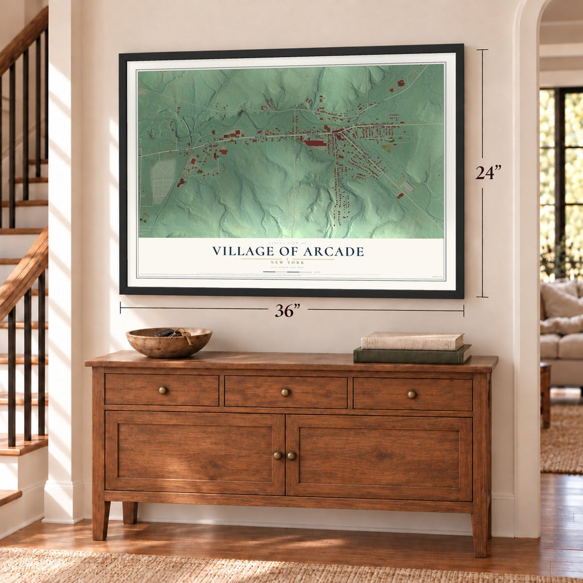 Village of Arcade, New York map, 24 x 36 inch print in a black frame above a dresser by a staircase