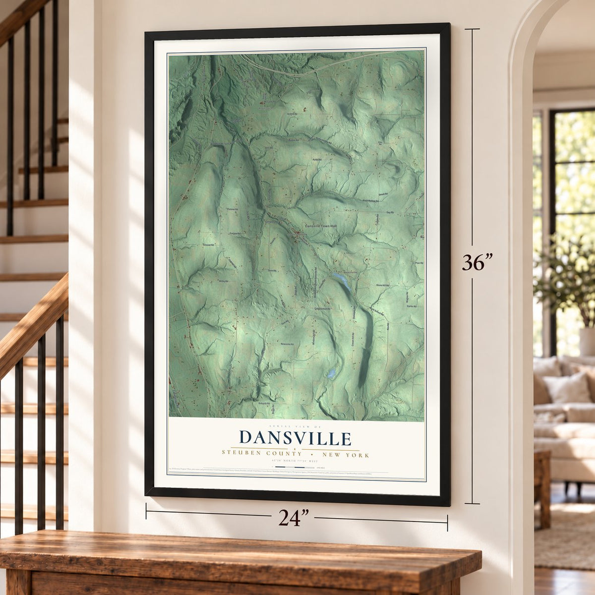 Dansville, Steuben County, New York map, 24 x 36 inch print in a black frame by a staircase