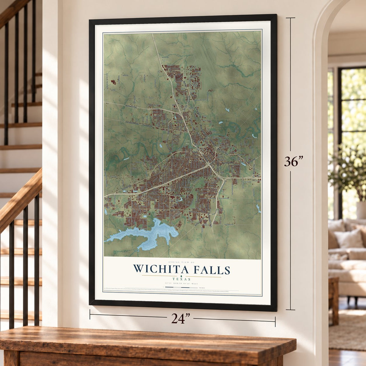Wichita Falls, Texas map, 24 x 36 inch print in a black frame by a staircase