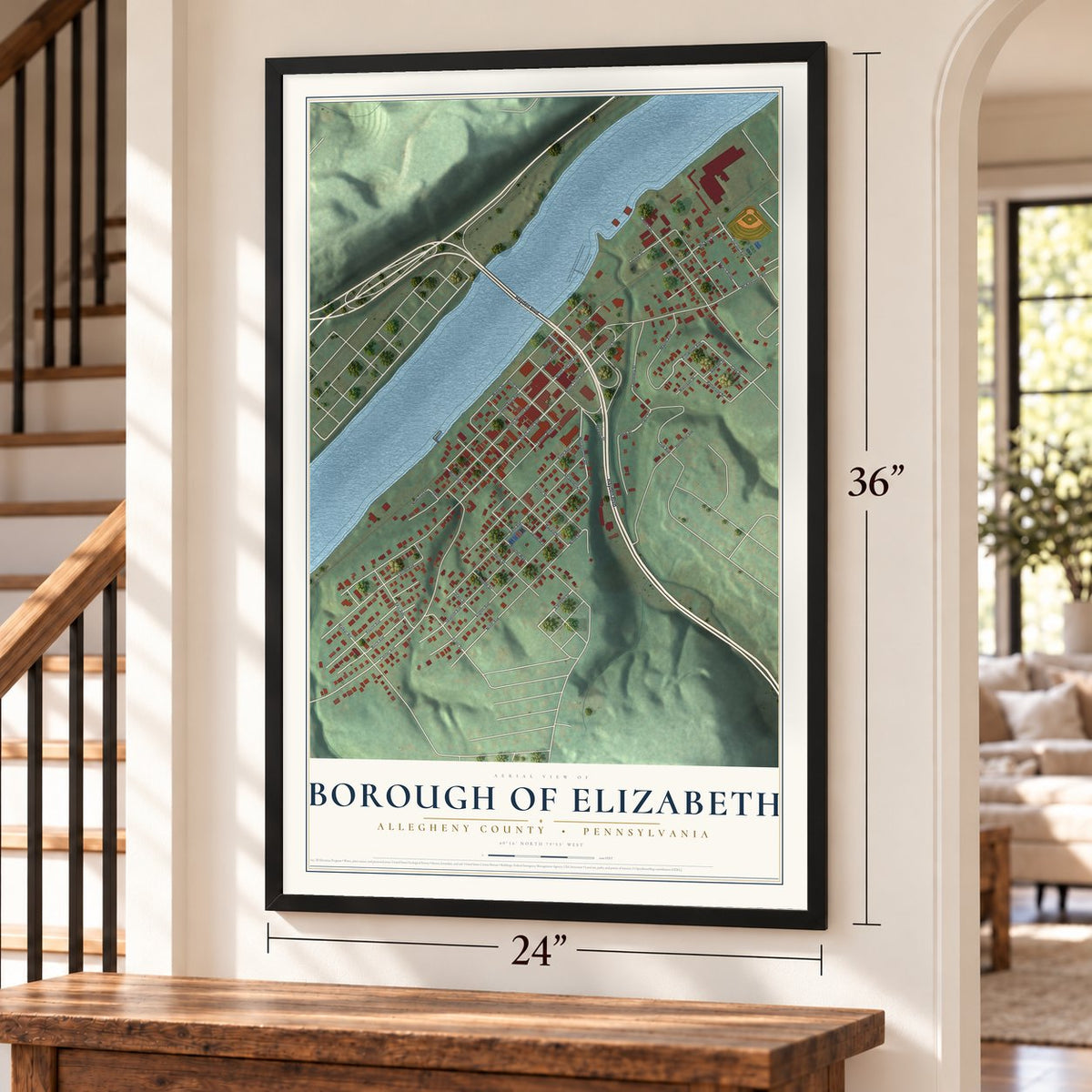 Borough of Elizabeth, Allegheny County, Pennsylvania map, 24 x 36 inch print in a black frame by a staircase