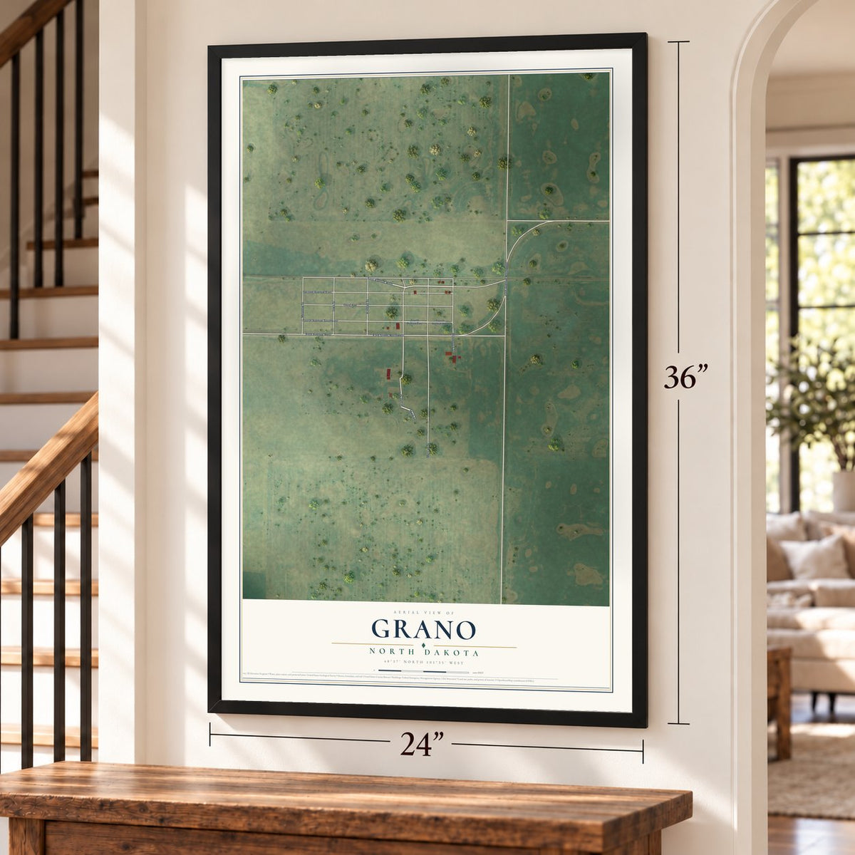 Grano, North Dakota map, 24 x 36 inch print in a black frame by a staircase