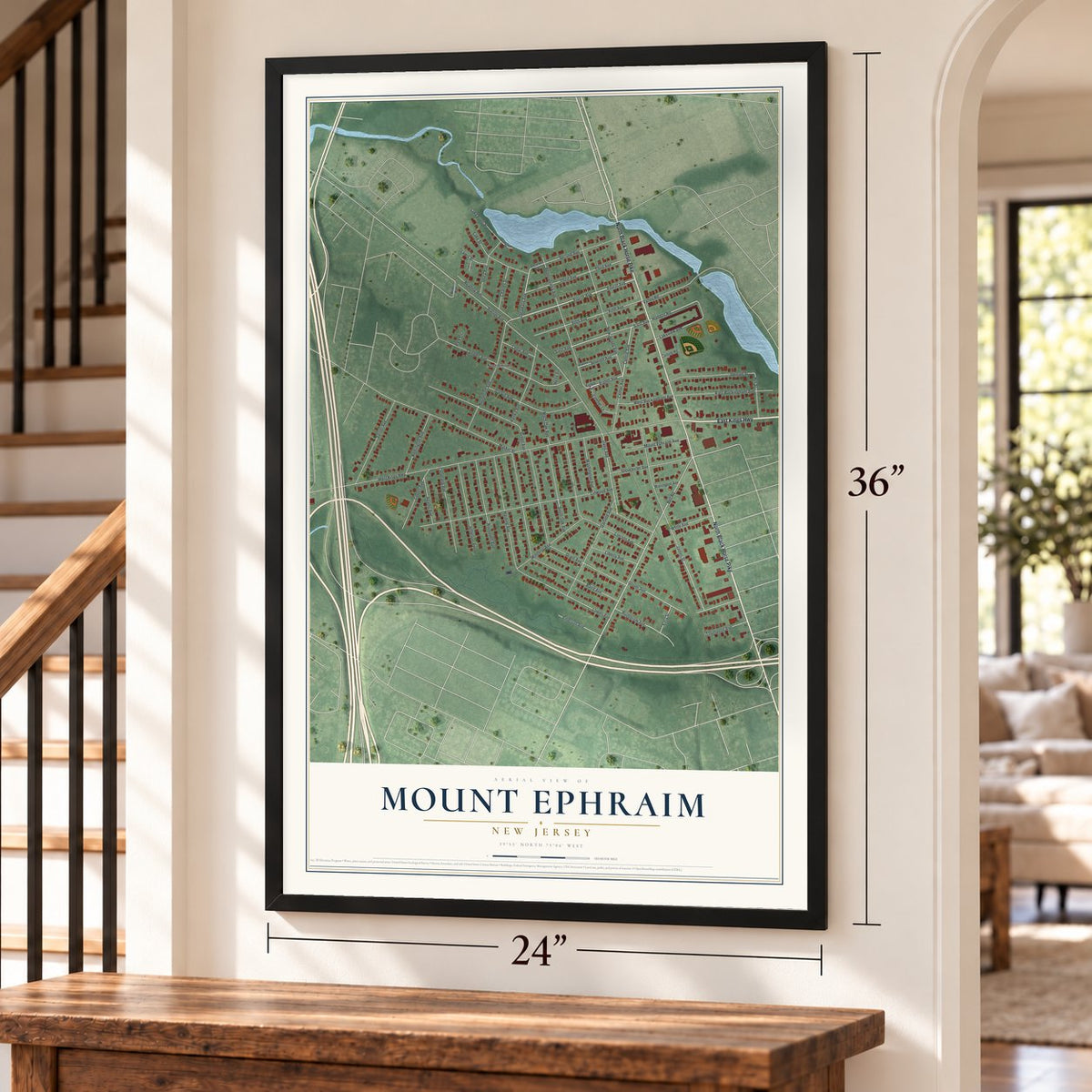 Mount Ephraim, New Jersey map, 24 x 36 inch print in a black frame by a staircase