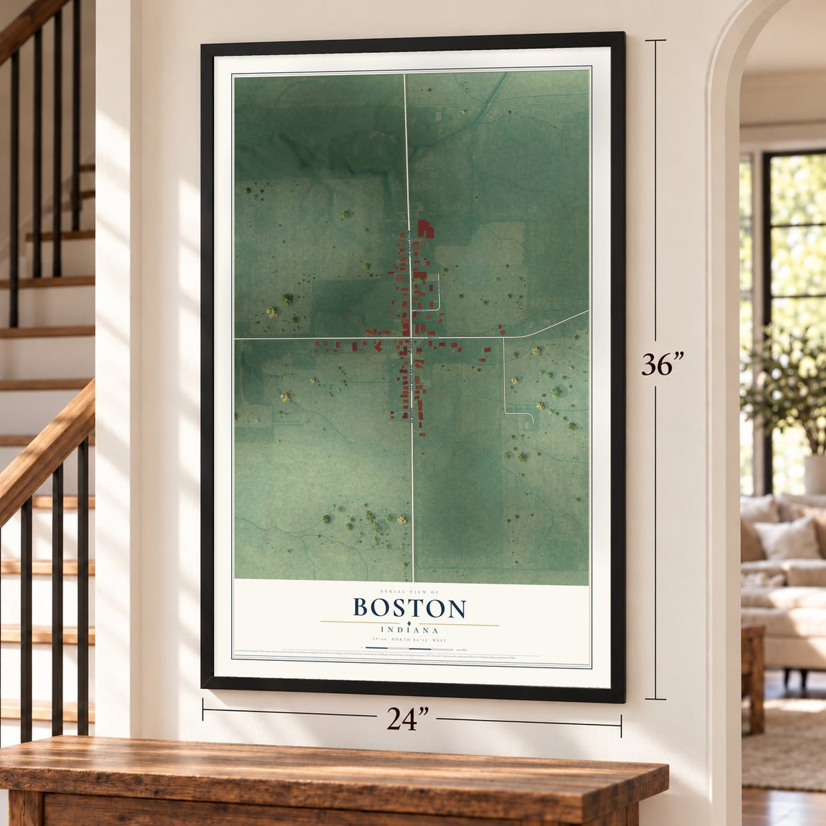 Boston, Indiana map, 24 x 36 inch print in a black frame by a staircase