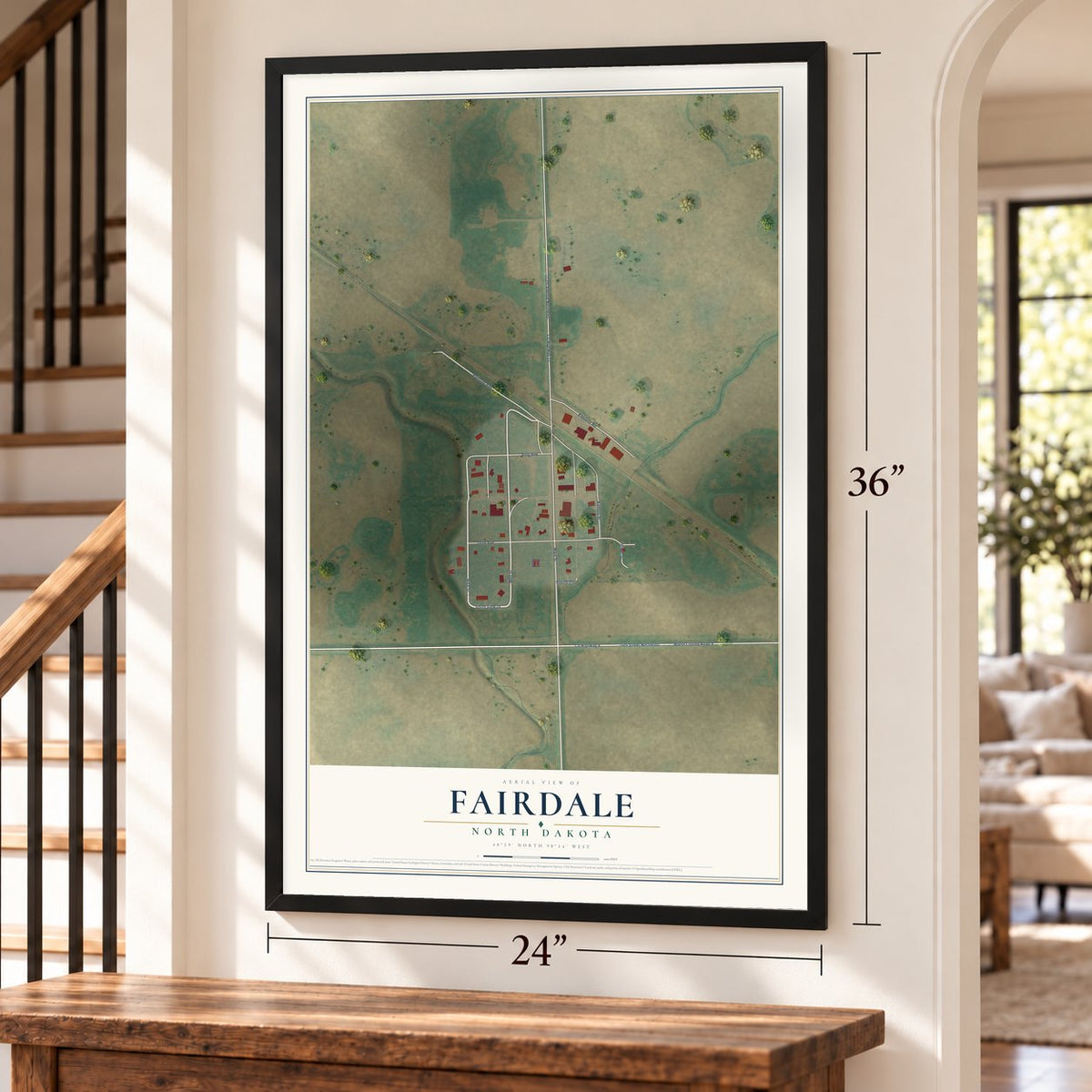 Fairdale, North Dakota map, 24 x 36 inch print in a black frame by a staircase