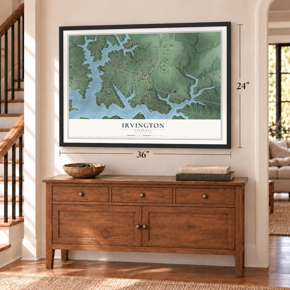Irvington, Virginia map, 24 x 36 inch print in a black frame above a dresser by a staircase