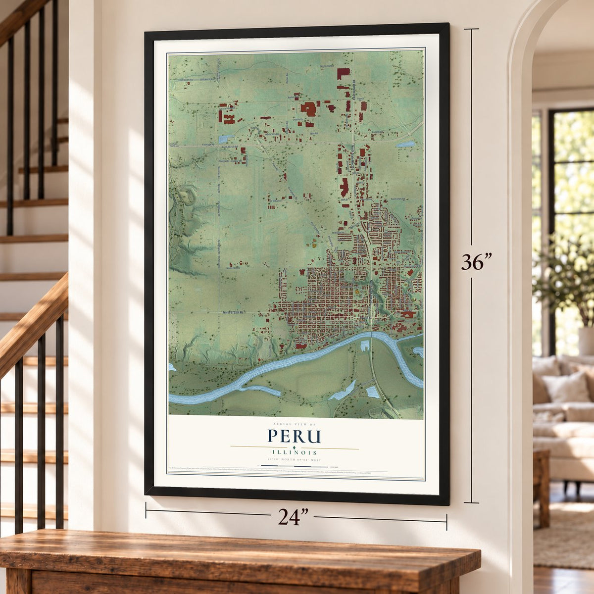 Peru, Illinois map, 24 x 36 inch print in a black frame by a staircase
