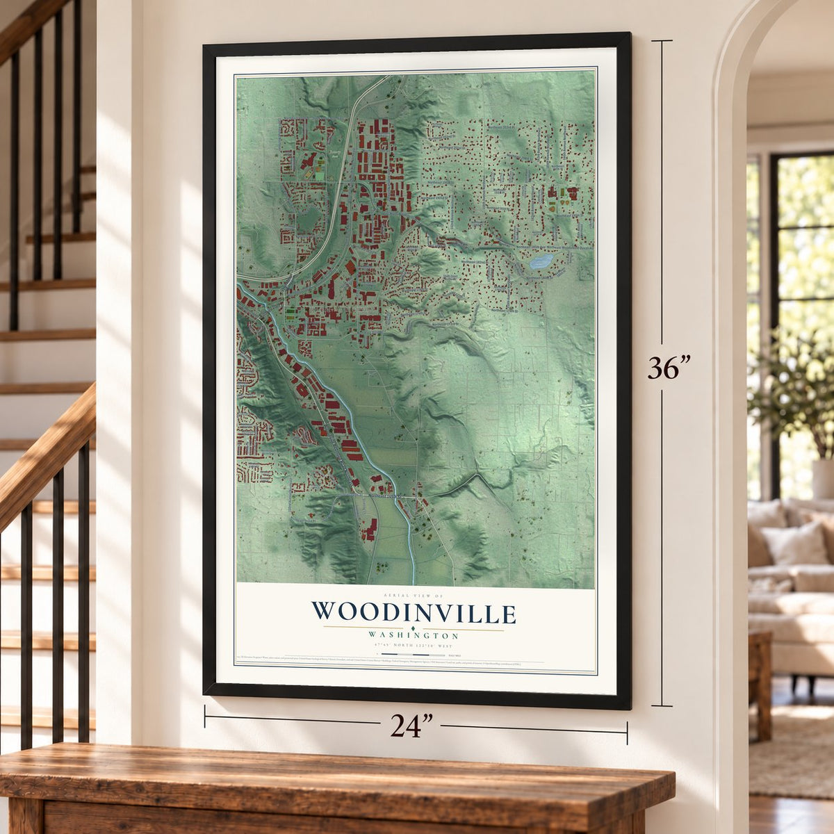 Woodinville, Washington map, 24 x 36 inch print in a black frame by a staircase