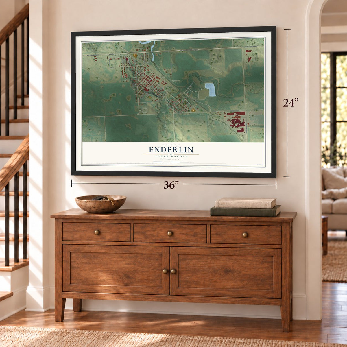Enderlin, North Dakota map, 24 x 36 inch print in a black frame above a dresser by a staircase