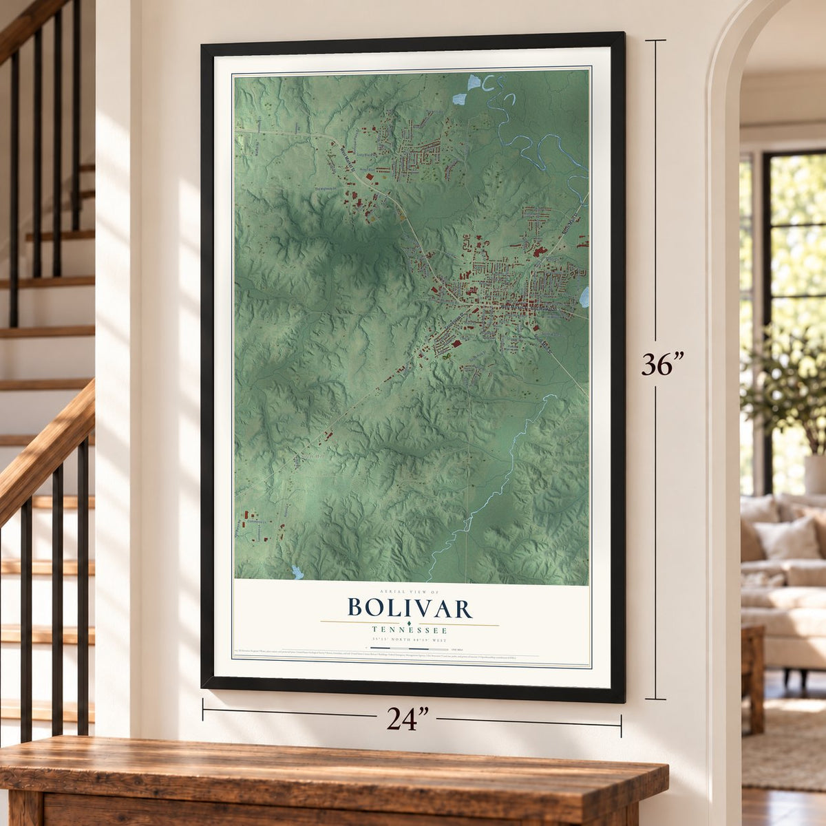 Bolivar, Tennessee map, 24 x 36 inch print in a black frame by a staircase