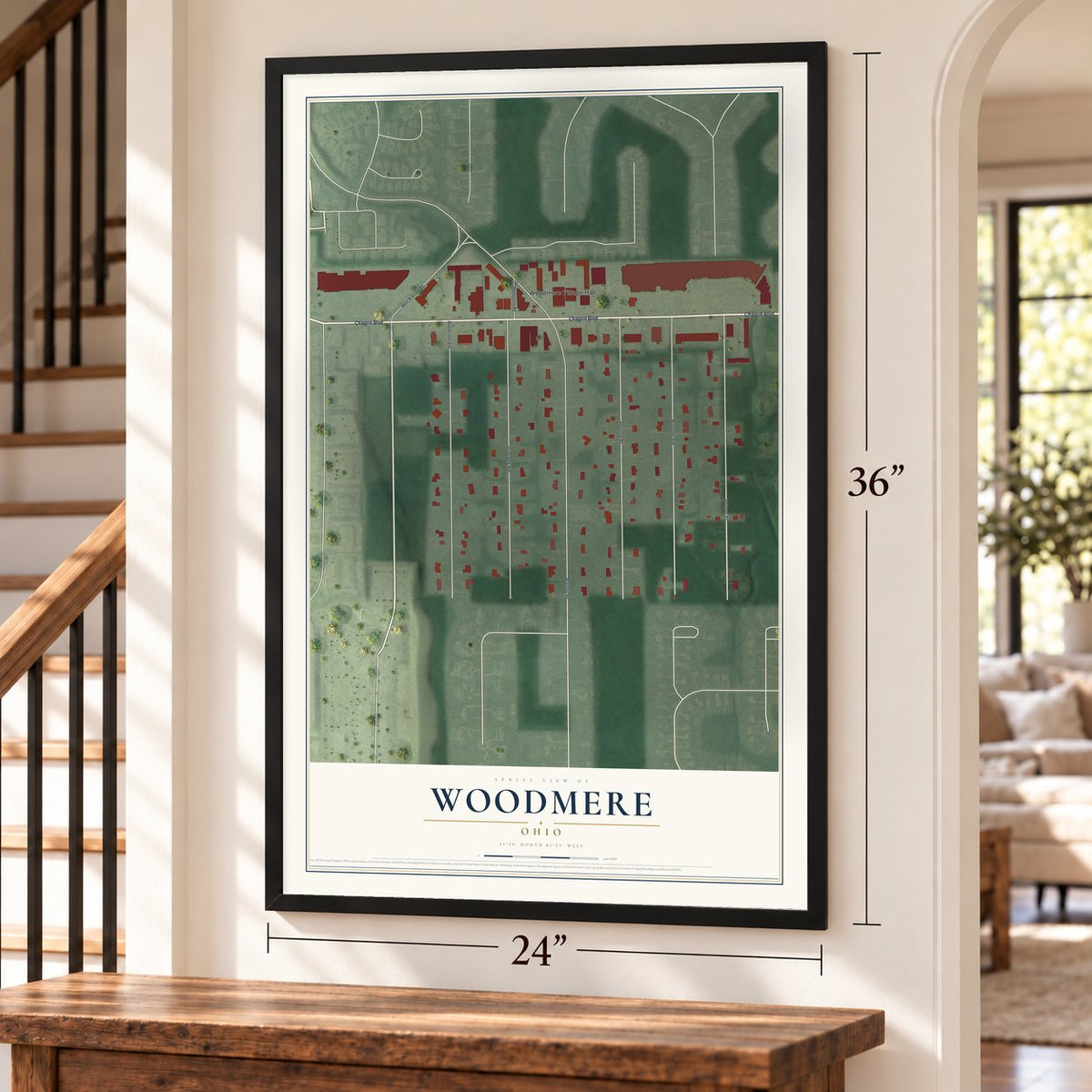 Woodmere, Ohio map, 24 x 36 inch print in a black frame by a staircase